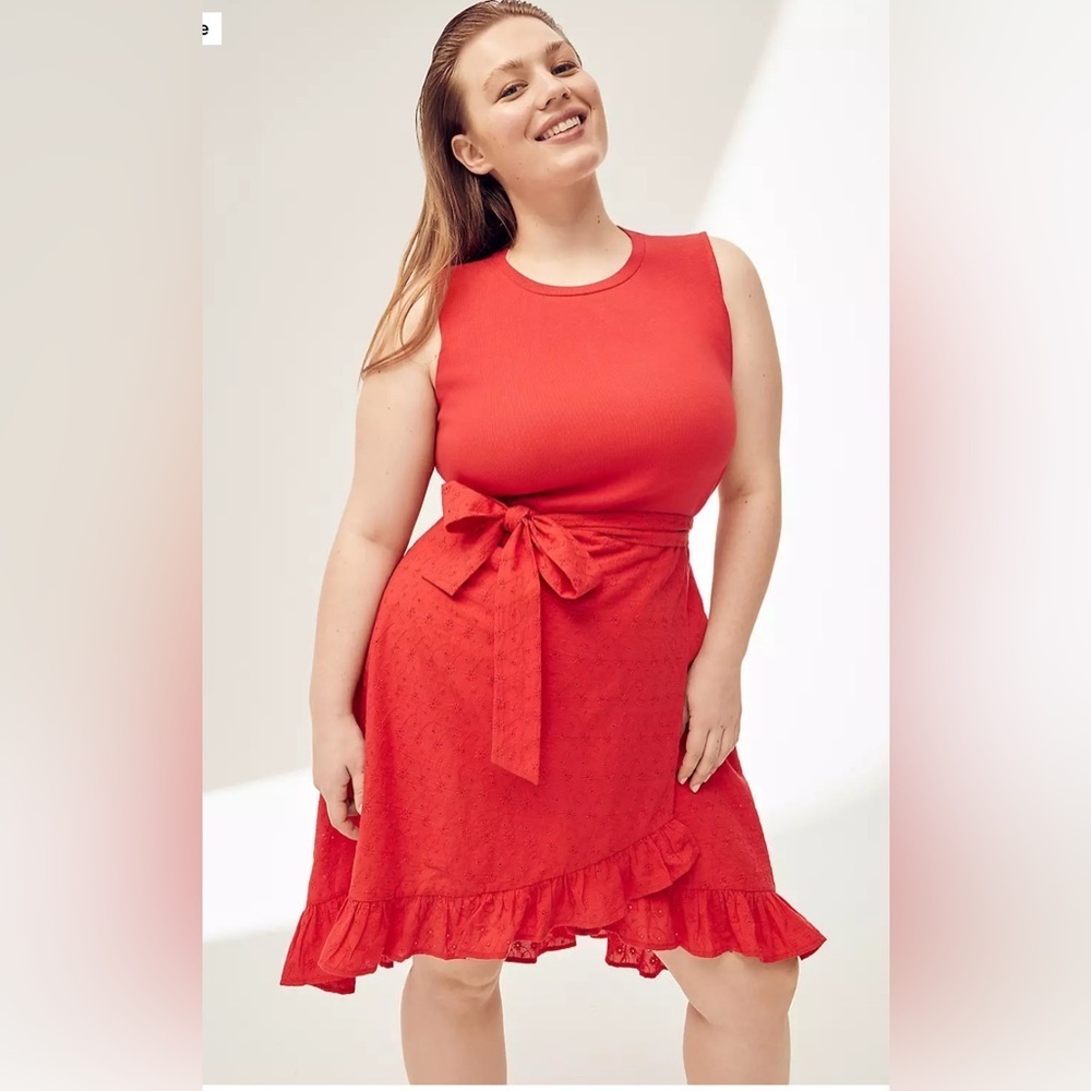 Lane Bryant Ribbed Crewneck Woven Skirt With Belt Dress Red Size 24